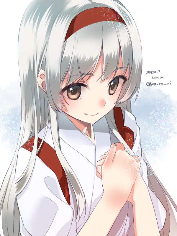 1girl brown_eyes dated eyebrows_visible_through_hair hairband hands_on_own_chest headband japanese_clothes kantai_collection koruri long_hair looking_at_viewer shoukaku_(kantai_collection) silver_hair smile solo tasuki twitter_username upper_body white_hair