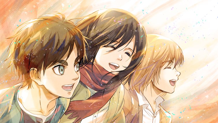 1girl 2boys :d armin_arlert black_hair blonde_hair blue_eyes brown_hair closed_eyes collarbone dress_shirt eren_yeager floating_hair hair_between_eyes mikasa_ackerman multiple_boys open_mouth red_scarf ryousuke_nak scarf shingeki_no_kyojin shirt smile upper_body white_shirt