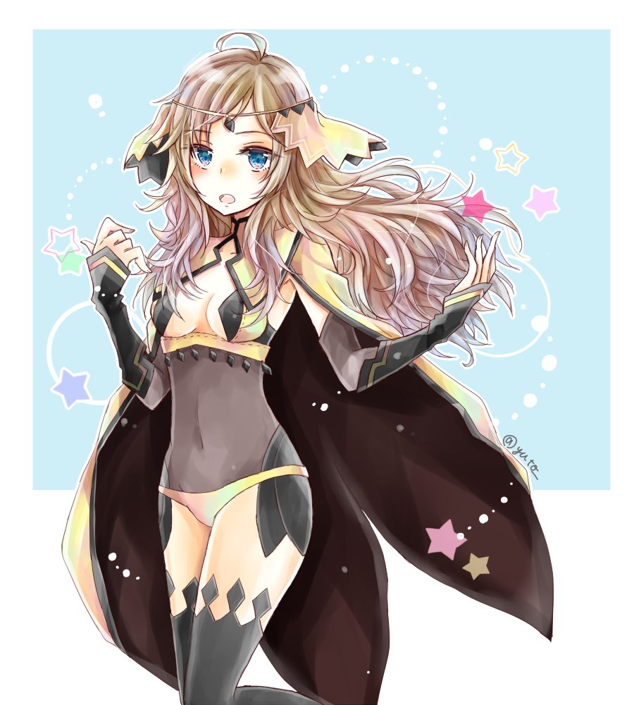 1girl blonde_hair blue_eyes breasts cape center_opening circlet covered_navel fire_emblem fire_emblem_if long_hair medium_breasts nintendo open_mouth ophelia_(fire_emblem_if) solo twitter_username yuyu_(spika)