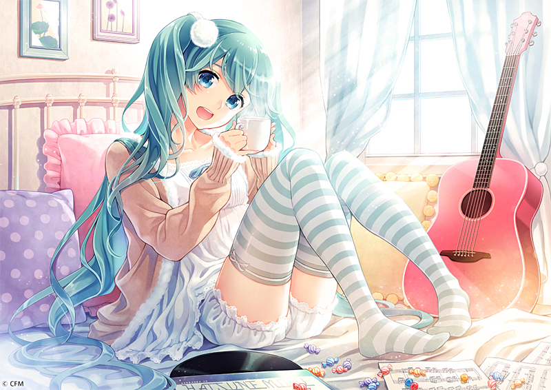 1girl :d acoustic_guitar aqua_eyes aqua_hair bed candy cup food guitar hatsune_miku hima_(ab_gata) holding holding_cup instrument long_hair long_sleeves looking_at_viewer open_mouth picture_(object) picture_frame record sheet_music sitting smile striped striped_legwear thigh-highs twintails vocaloid zettai_ryouiki