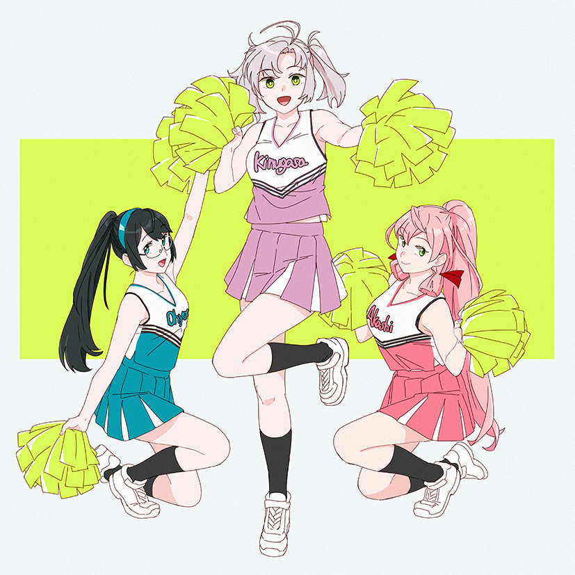 3girls akashi_(kantai_collection) alternate_costume alternate_hairstyle antenna_hair armpits black_hair black_legwear cheerleader clothes_writing commentary_request full_body glasses green_background green_eyes green_skirt grey_background grey_hair hair_ribbon hair_tie hairband kantai_collection kinugasa_(kantai_collection) kneehighs long_hair midriff miniskirt multiple_girls ojipon ooyodo_(kantai_collection) open_mouth pink_hair pleated_skirt pom_poms ponytail purple_skirt ribbon semi-rimless_eyewear shoes short_twintails skirt sleeveless sneakers tress_ribbon tsurime twintails two-tone_background under-rim_eyewear white_footwear