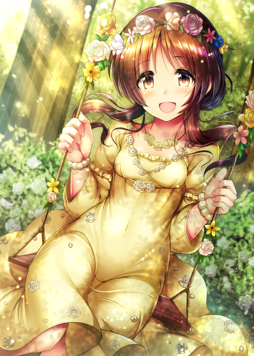 1girl :d blush bracelet breasts brown_eyes brown_hair covered_navel dress dutch_angle eyebrows_visible_through_hair floating_hair flower forest head_tilt head_wreath highres idolmaster idolmaster_cinderella_girls jewelry long_dress long_hair looking_at_viewer ment nature necklace open_mouth outdoors pink_flower pink_rose rose shiny shiny_hair sitting small_breasts smile solo sundress sunlight takamori_aiko twintails white_flower white_rose yellow_dress yellow_flower yellow_rose