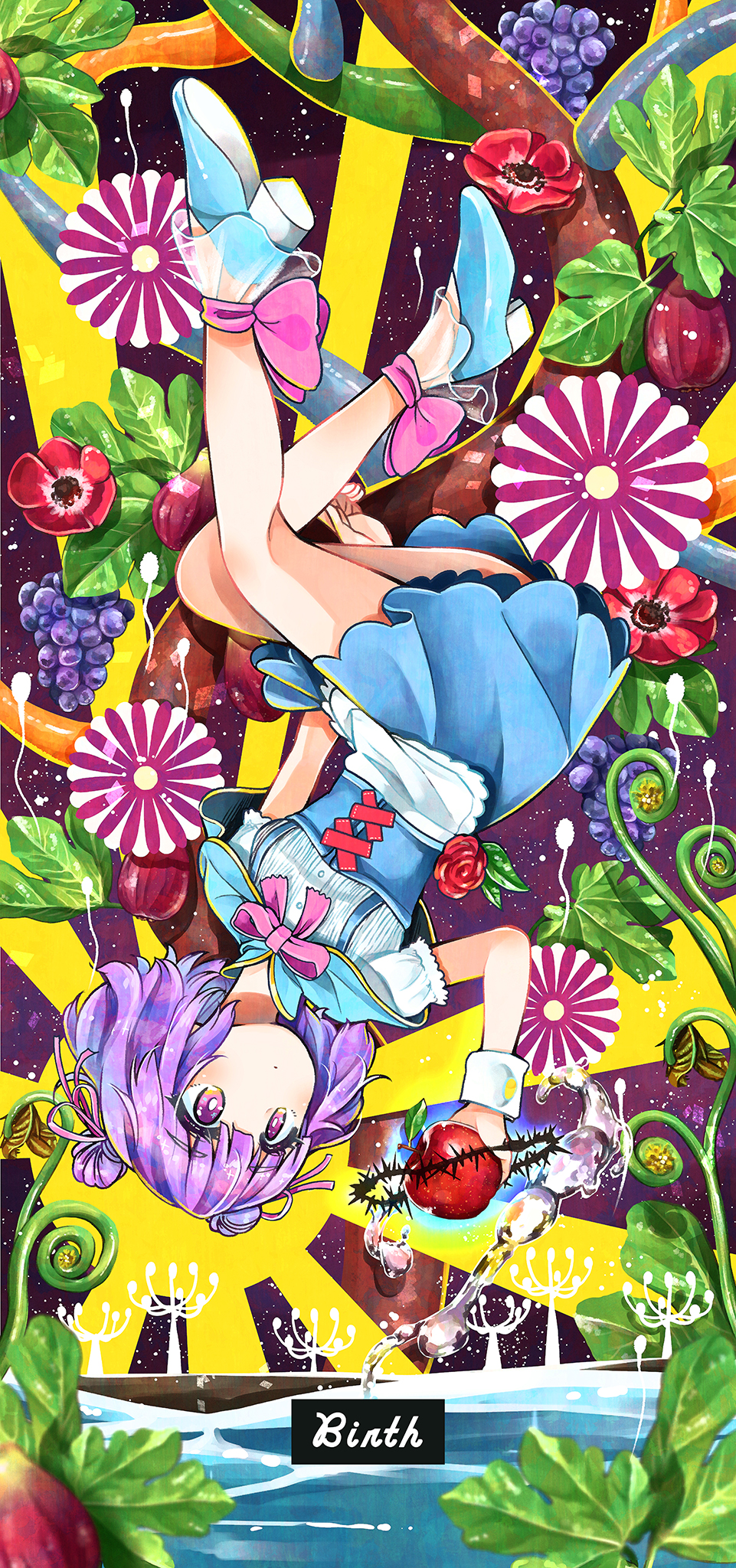 1girl blue_dress blue_footwear blue_stripes bow bowtie breasts commentary_request double_bun dress eyebrows_visible_through_hair flower flower_request food fruit full_body grapes hair_ribbon high_heels highres holding holding_fruit leaf original pink_bow pink_ribbon puffy_short_sleeves puffy_sleeves purple_grapes purple_hair rainys_bill red_apple red_flower red_rose ribbon rose shirt short_hair short_sleeves small_breasts solo striped striped_shirt sunburst underbust vertical-striped_shirt vertical_stripes violet_eyes water white_shirt