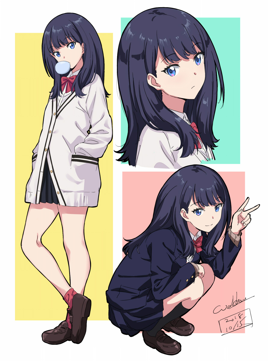 1girl artist_name black_hair blue_eyes bow bowtie breasts brown_footwear bubble_blowing chewing_gum collared_shirt dated full_body hands_in_pockets highres jacket long_hair looking_at_viewer miniskirt multiple_views pleated_skirt school_uniform shirt shoes signature skirt small_breasts smile socks squatting ssss.gridman standing sweater takarada_rikka v werkbau