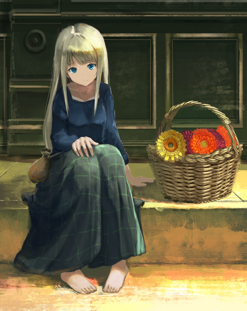 1girl barefoot blue_eyes blue_shirt flower flower_basket hin'yari_(kakukuru) long_hair original plaid plaid_skirt shirt skirt white_hair