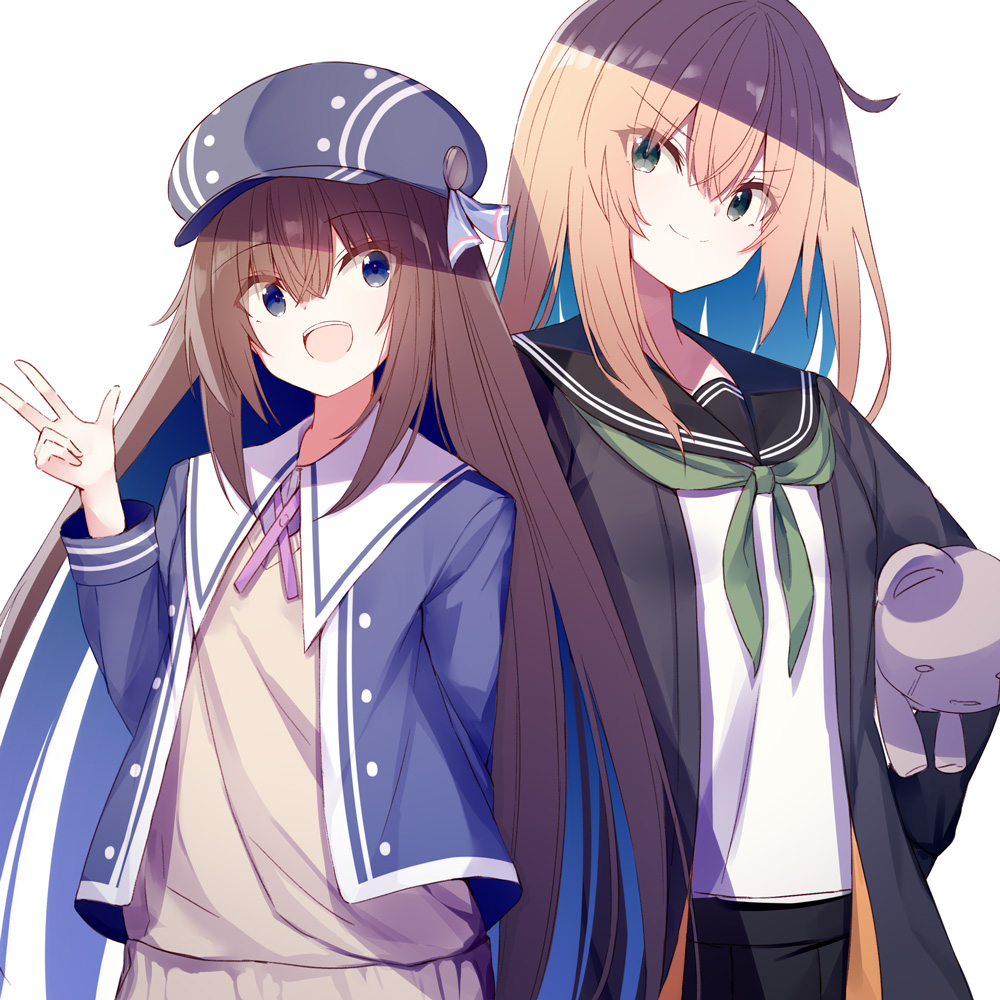 2girls :d bangs black_jacket black_sailor_collar black_skirt blonde_hair blue_eyes blue_hat blue_jacket brown_hair brown_sweater cabbie_hat closed_mouth collared_shirt commentary_request dress_shirt eyebrows_visible_through_hair green_eyes hair_between_eyes hat head_tilt jacket kavka long_hair long_sleeves multiple_girls object_hug open_clothes open_jacket open_mouth original pleated_skirt sailor_collar school_uniform serafuku shirt simple_background skirt smile stuffed_animal stuffed_toy sweater teddy_bear very_long_hair w white_background white_shirt