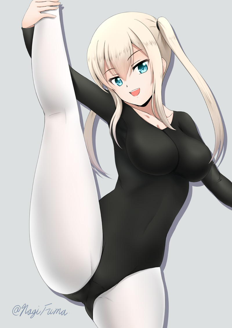 1girl black_leotard blonde_hair blue_eyes commentary_request cowboy_shot fuuma_nagi graf_zeppelin_(kantai_collection) grey_background hair_between_eyes kantai_collection leotard looking_at_viewer open_mouth pantyhose sidelocks simple_background solo split standing standing_on_one_leg standing_split twintails twitter_username white_legwear