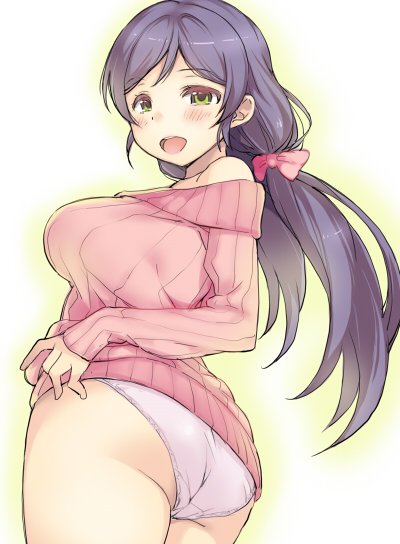 1girl :d blush bow breasts deyuuku green_eyes hair_bow large_breasts long_sleeves looking_at_viewer looking_back love_live! love_live!_school_idol_project no_pants off-shoulder_sweater open_mouth panties pink_bow pink_sweater purple_hair smile solo sweater toujou_nozomi twintails underwear white_panties