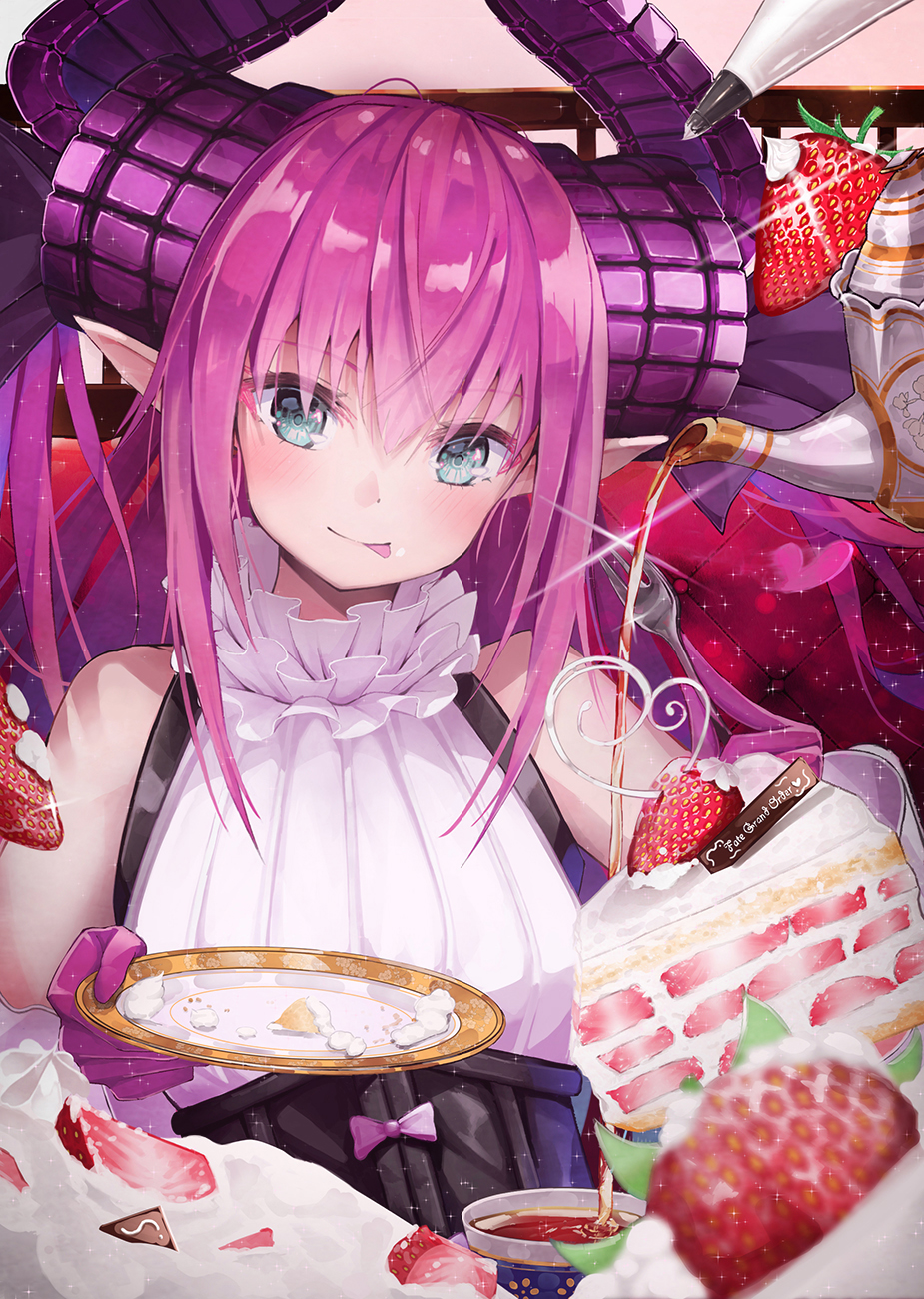 1girl :p bangs blue_eyes blurry blush cake copyright_name cream cream_on_face cup curled_horns depth_of_field dragon_horns elizabeth_bathory_(fate) elizabeth_bathory_(fate)_(all) eyebrows_visible_through_hair fate/extra fate/extra_ccc fate/grand_order fate_(series) food food_on_face fork fruit gloves head_tilt heart highres holding holding_fork holding_plate horns long_hair looking_at_viewer pink_hair plate pointy_ears pot-palm pouring sleeveless slice_of_cake smile solo strawberry strawberry_shortcake tea teacup teapot tongue tongue_out upper_body