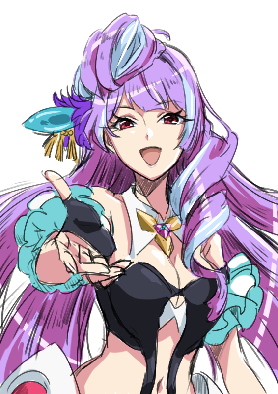 1girl :d black_gloves blue_hair breasts choker cleavage detached_sleeves fingerless_gloves floating_hair gloves hair_ornament long_hair looking_at_viewer macross macross_delta medium_breasts mikumo_guynemer multicolored_hair navel open_mouth outstretched_arm purple_hair red_eyes shiny shiny_hair sketch smile solo stomach tsukikage_oyama two-tone_hair upper_body very_long_hair white_background