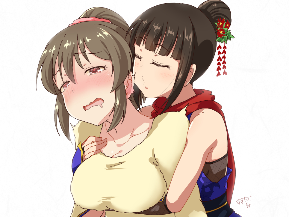 2girls artist_name bangs black_hair blowing blowing_in_ear blush breasts brown_hair closed_eyes commentary drooling ear_blush ears fishnets gloves hair_between_eyes hair_bun hair_ornament hair_scrunchie hamaguchi_ayame hand_on_another's_chest heart heart-shaped_pupils hori_yuuko hug hug_from_behind idolmaster idolmaster_cinderella_girls japanese_clothes medium_breasts multiple_girls ninja nose_blush open_mouth pink_scrunchie red_eyes red_scarf scarf scrunchie sidelocks susutaketakumi sweater symbol-shaped_pupils trembling yellow_sweater yuri