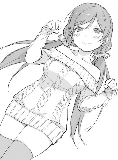 1girl blush clenched_hands collarbone deyuuku dutch_angle greyscale hair_ornament hair_scrunchie long_hair looking_at_viewer love_live! love_live!_school_idol_project monochrome off-shoulder_sweater scrunchie sleeves_past_wrists smile solo sweater sweater_vest thigh-highs toujou_nozomi twintails