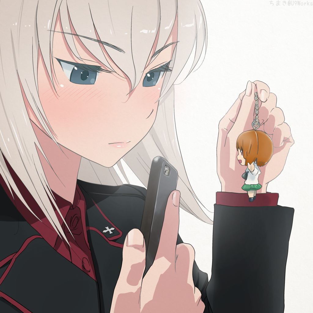 1girl akagi_(fmttps) artist_name bangs black_jacket blue_eyes blush brown_hair cellphone character_doll closed_mouth commentary dress_shirt emblem eyebrows_visible_through_hair girls_und_panzer half-closed_eyes holding holding_cellphone holding_phone itsumi_erika jacket kuromorimine_military_uniform light_frown lips long_hair long_sleeves military military_uniform nishizumi_miho ooarai_school_uniform phone red_shirt shirt silver_hair smartphone solo twitter_username uniform white_background