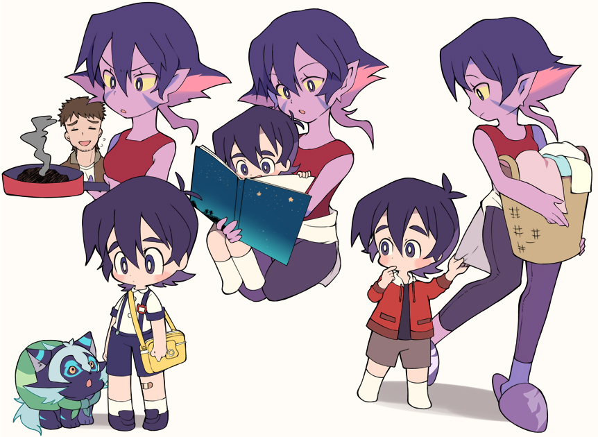 1girl 2boys ^_^ bag bandaid bandaid_on_knee black_hair black_sclera book brown_hair child closed_eyes closed_eyes family frying_pan grey_eyes hood hoodie keith's_father_(voltron) keith_(voltron) kosmo krolia laundry laundry_basket messenger_bag miyata_(lhr) multicolored_hair multiple_boys open_mouth pink_hair purple_hair purple_skin reading shorts shoulder_bag smile smoke spoilers suspender_shorts suspenders tank_top two-tone_hair violet_eyes voltron:_legendary_defender wolf yellow_eyes yellow_sclera younger