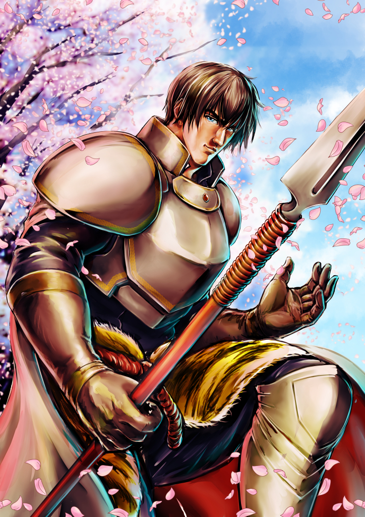 1boy armor blue_sky brown_gloves brown_hair cape cherry_blossoms day gloves holding holding_weapon kneeling looking_at_viewer male_focus outdoors polearm prince_(sennen_sensou_aigis) sennen_sensou_aigis sky spear tree weapon white_cape yamakou_(pixiv16324)