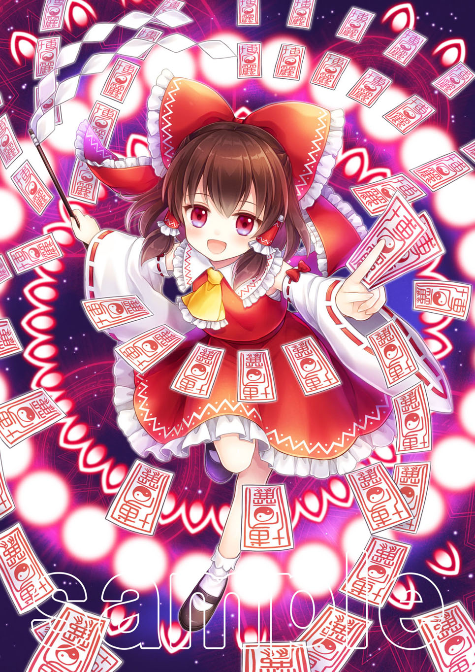 1girl :d black_footwear bow brown_hair cannan detached_sleeves hair_bow hair_tubes hakurei_reimu highres japanese_clothes long_hair looking_at_viewer magic_circle miko ofuda open_mouth red_eyes red_skirt ribbon sample shide shoes sidelocks skirt smile socks solo spell_card standing standing_on_one_leg touhou watermark white_legwear