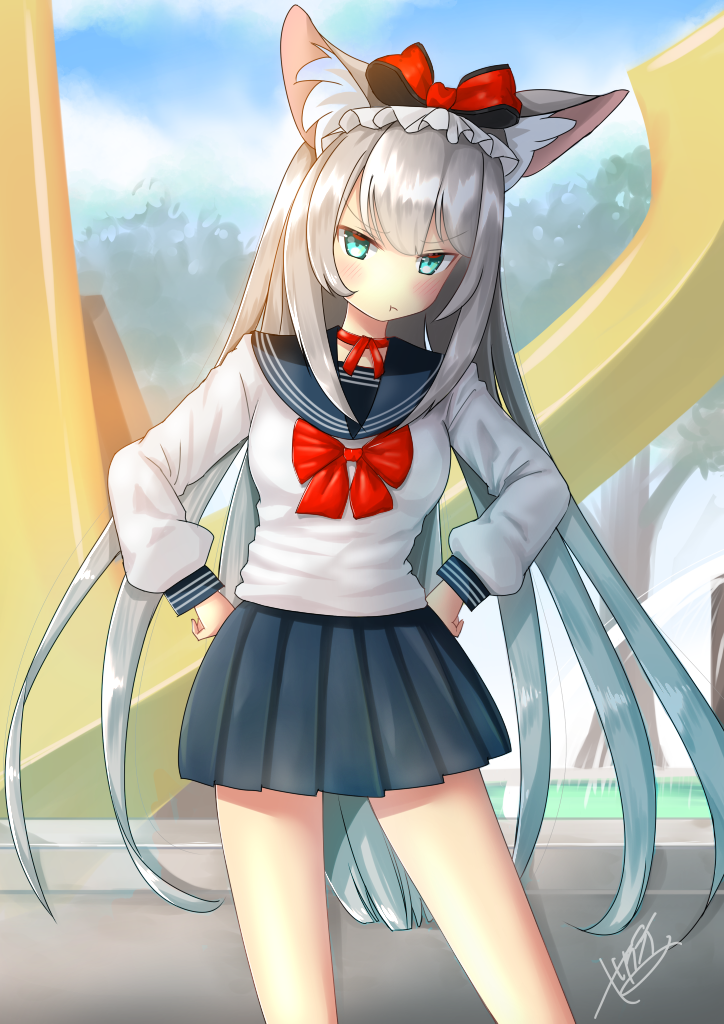 1girl :t alternate_costume animal_ear_fluff animal_ears azur_lane bangs blue_sailor_collar blue_skirt blue_sky blush bow breasts cat_ears choker closed_mouth clouds cloudy_sky commentary_request day eyebrows_visible_through_hair green_eyes hair_bow hammann_(azur_lane) hands_on_hips leaning_to_the_side long_hair long_sleeves outdoors pleated_skirt pout puffy_long_sleeves puffy_sleeves red_bow red_choker ribbon_choker sailor_collar sakurai_kouji school_uniform serafuku sidelocks signature silver_hair skirt sky small_breasts solo standing v-shaped_eyebrows very_long_hair