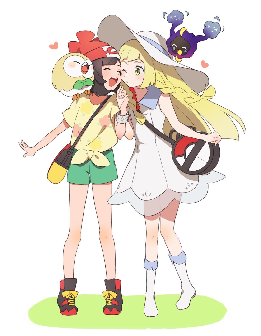 2girls bag beanie blonde_hair braid closed_eyes cosmog creatures_(company) dress duffel_bag game_freak gen_7_pokemon green_eyes green_shorts hand_holding handbag hat highres lillie_(pokemon) long_hair mizuki_(pokemon) multiple_girls nintendo one_eye_closed open_mouth poke_ball_theme pokemon pokemon_(game) pokemon_sm red_hat rowlet see-through shirt short_sleeves shorts simple_background sleeveless sleeveless_dress standing sun_hat tied_shirt twin_braids unapoppo white_background white_dress white_hat z-ring