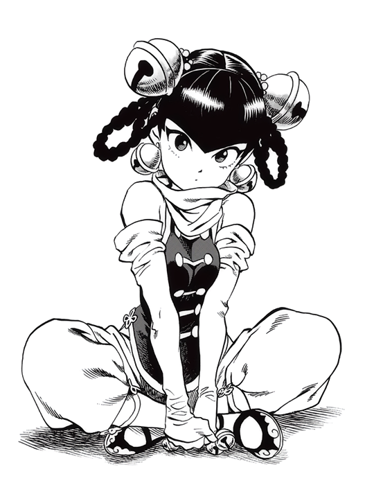 1girl anklet bare_shoulders bell bell_earrings black_hair braid china_dress chinese_clothes closed_mouth detached_sleeves dress earrings greyscale hair_bell hair_ornament indian_style jewelry lin_lin_(one-punch_man) monochrome murata_yuusuke official_art one-punch_man pants scarf sitting solo twin_braids white_neckwear