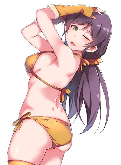 1girl ass back bikini breasts deyuuku elbow_gloves fingerless_gloves gloves green_eyes hair_ornament hair_scrunchie halterneck hands_on_own_head large_breasts long_hair looking_back love_live! love_live!_school_idol_project one_eye_closed open_mouth orange_bikini orange_gloves orange_legwear orange_scrunchie purple_hair scrunchie side-tie_bikini sideboob simple_background solo swimsuit thigh-highs toujou_nozomi white_background