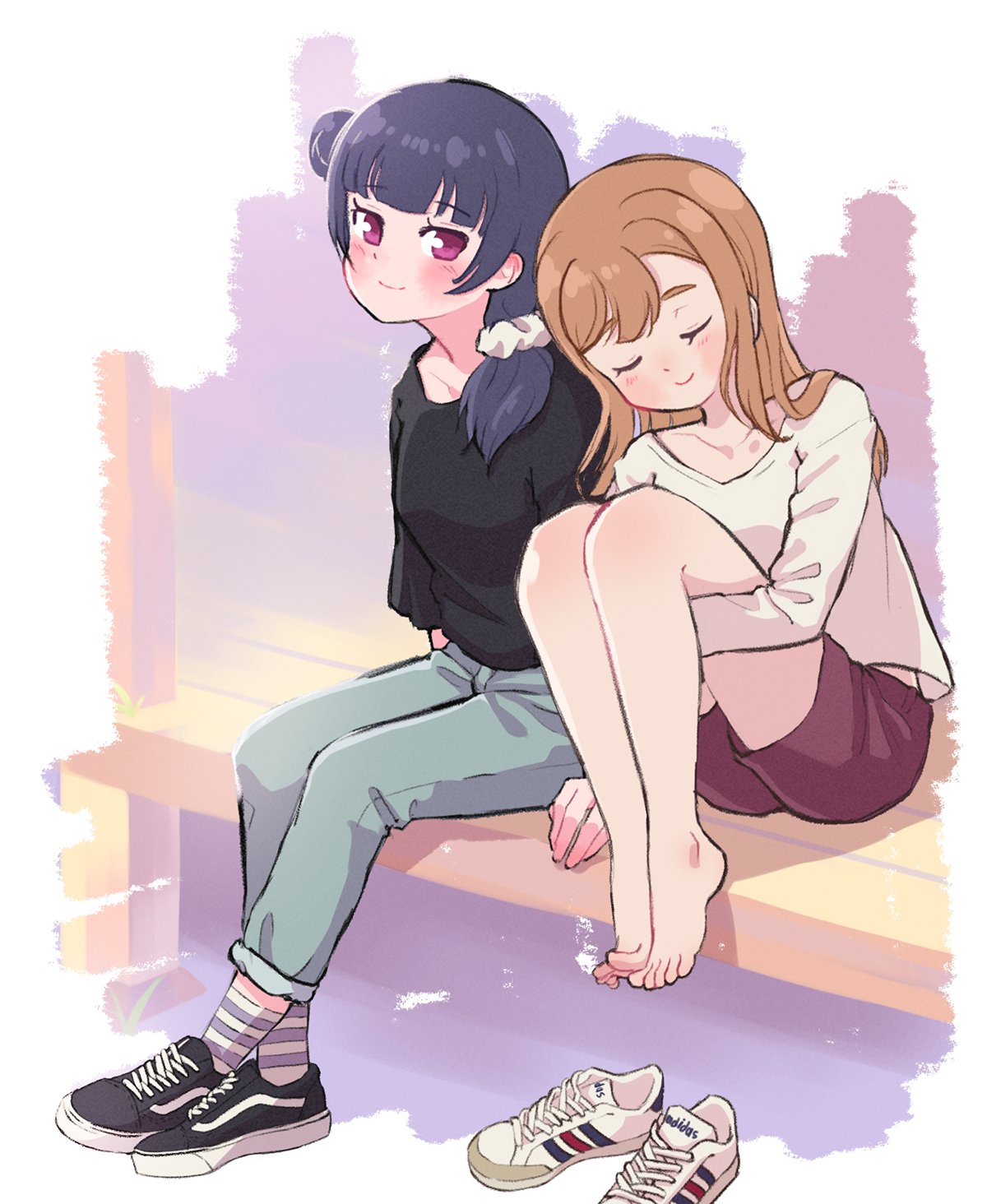 2girls barefoot black_footwear black_shirt black_shorts blue_hair blush brown_hair closed_eyes commentary_request crossed_ankles denim dodapan hair_ornament hair_over_shoulder hair_scrunchie highres jeans knees_up korean_commentary kunikida_hanamaru long_hair long_sleeves looking_at_viewer love_live! love_live!_sunshine!! low-tied_long_hair multiple_girls pants scrunchie shirt shoes shoes_removed shorts side_bun sitting smile sneakers socks striped striped_legwear tsushima_yoshiko u_u violet_eyes white_footwear white_scrunchie white_shirt