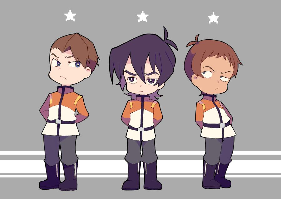 3boys arms_behind_back black_hair blue_eyes brown_hair dark_skin dark_skinned_male grey_eyes james_griffin keith_(voltron) lance_(voltron) male_focus miyata_(lhr) multiple_boys star uniform voltron:_legendary_defender