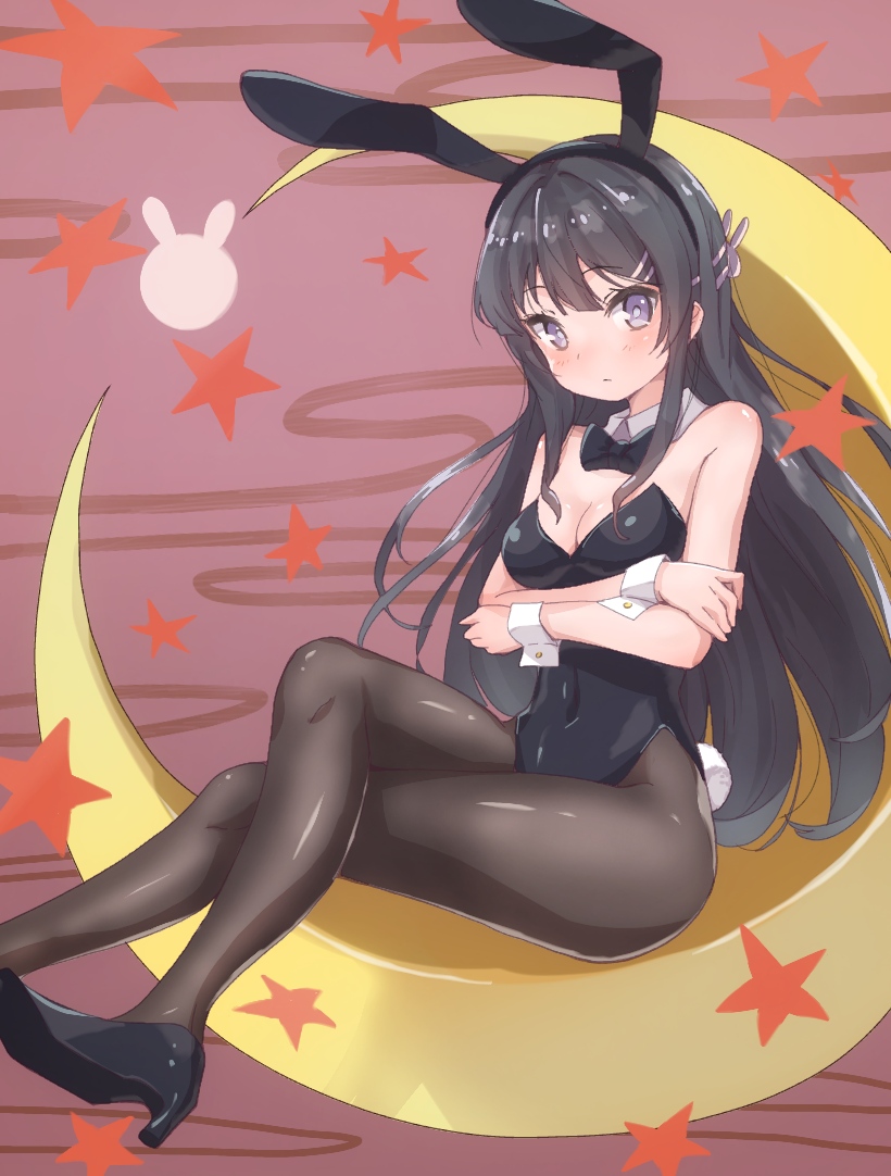 1girl animal_ears bare_shoulders black_hair black_legwear blush bow bowtie breasts bunny_hair_ornament bunny_tail bunnysuit cleavage covered_navel crescent_moon crossed_arms ddak5843 detached_collar fake_animal_ears fake_tail hair_ornament high_heels legs_crossed long_hair looking_at_viewer medium_breasts moon pantyhose rabbit rabbit_ears sakurajima_mai seishun_buta_yarou sitting solo star tail very_long_hair violet_eyes wrist_cuffs