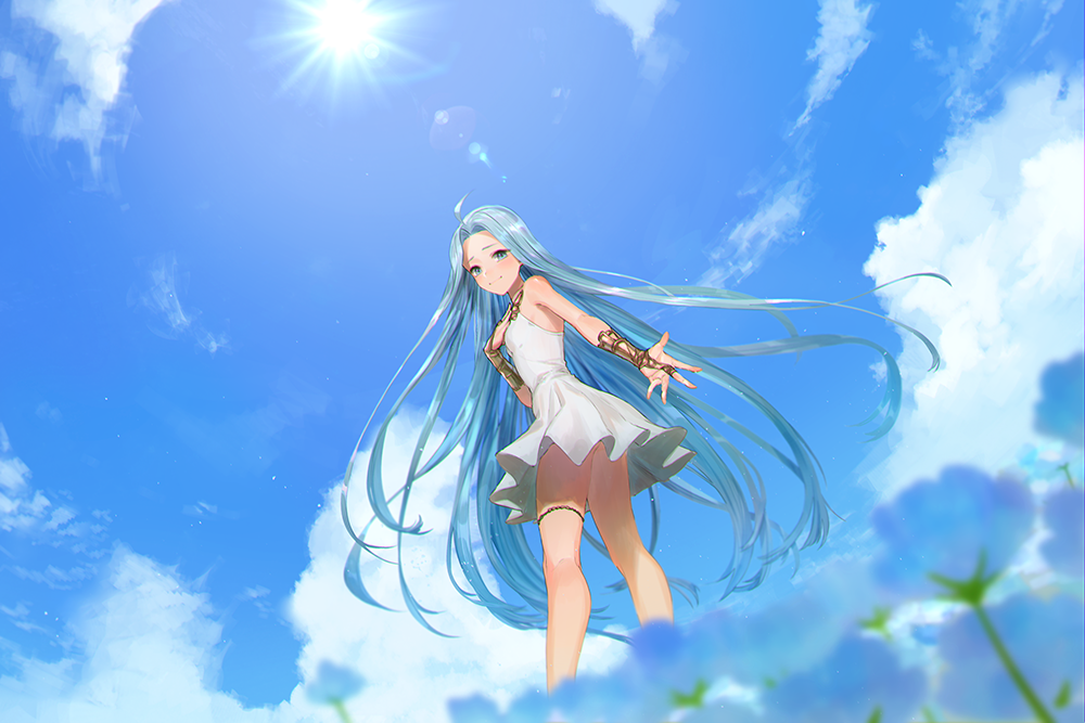 1girl ahoge blue_eyes blue_hair blue_sky bridal_gauntlets day dress floating_hair from_below granblue_fantasy lens_flare long_hair looking_at_viewer lyria_(granblue_fantasy) outdoors rowya shiny shiny_hair short_dress sky sleeveless sleeveless_dress smile solo standing sun sunlight thighlet very_long_hair white_dress