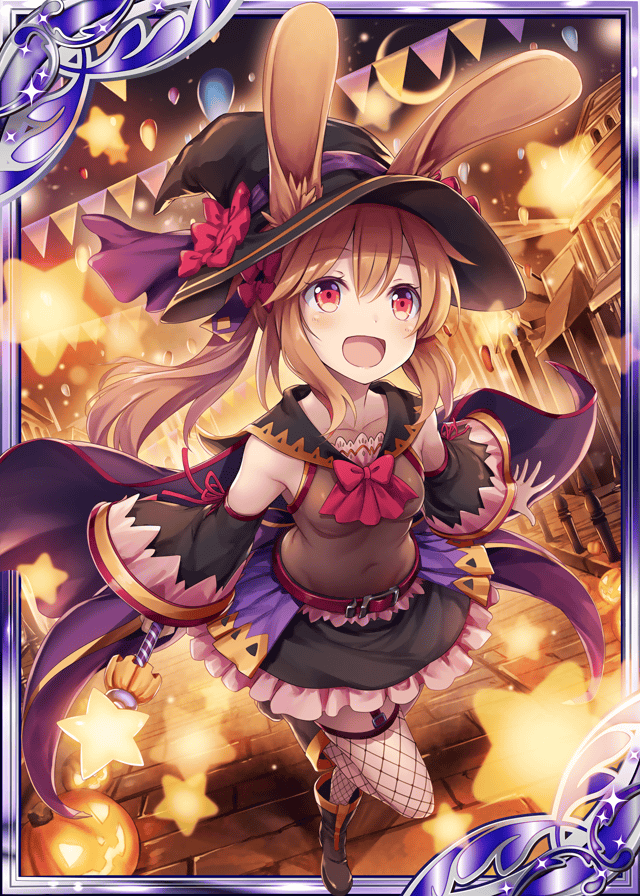 1girl :d akkijin animal_ears balloon blonde_hair boots breasts card_(medium) crescent_moon fishnets frills hair_ornament hair_ribbon halloween halloween_costume hat hat_ribbon looking_to_the_side moon night night_sky official_art open_mouth pumpkin rabbit_ears red_eyes red_ribbon ribbon shinkai_no_valkyrie sky small_breasts smile star thigh-highs witch witch_hat