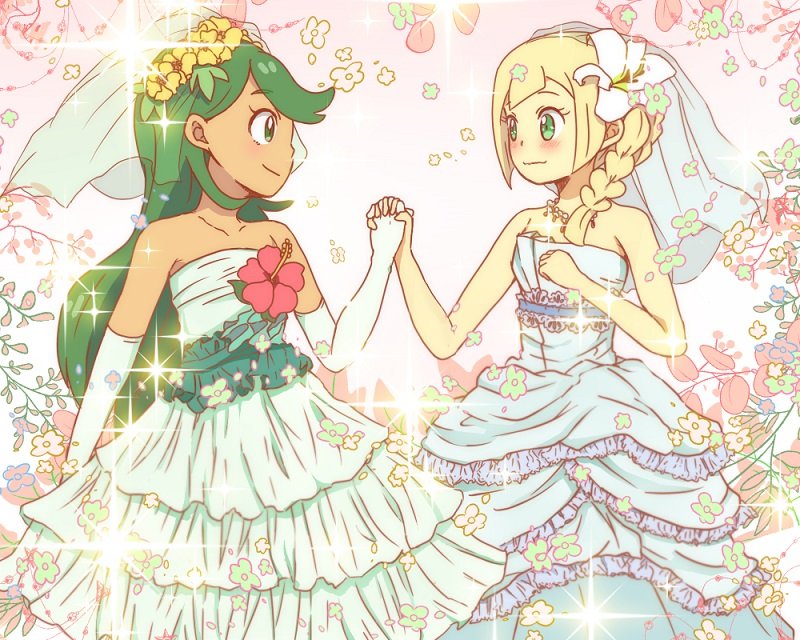 2girls alternate_hairstyle artist_request blonde_hair blush bridal_veil collar collarbone creatures_(company) dress floral_background flower game_freak green_eyes green_hair hair_flower hair_ornament hand_holding lillie_(pokemon) lily_(flower) long_hair looking_at_another mallow_(pokemon) multiple_girls nintendo pink_background pokemon pokemon_(anime) pokemon_(game) pokemon_sm sleeveless sleeveless_dress smile sparkle veil wedding_dress wife_and_wife yuri