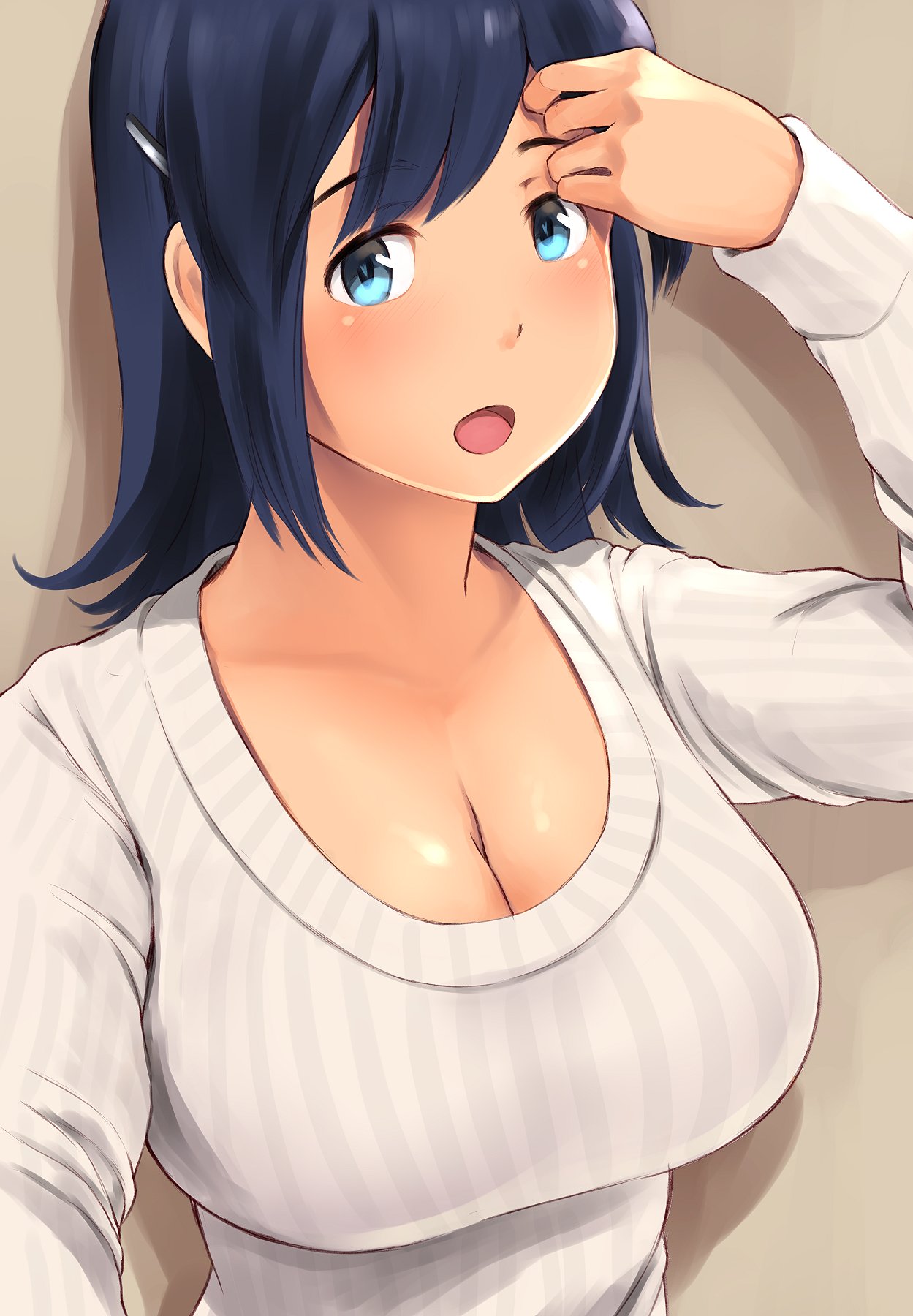 1girl adjusting_hair bangs blue_eyes blue_hair blush breasts cleavage collarbone grey_background hair_ornament hairclip highres kantai_collection large_breasts looking_at_viewer open_mouth ribbed_sweater shadow short_hair solo souryuu_(kantai_collection) sweater swept_bangs wa_(genryusui) white_sweater