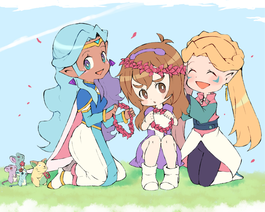 3girls :d ^_^ blonde_hair blue_eyes brown_eyes brown_hair closed_eyes closed_eyes dark_skin dress earrings facial_mark flower head_wreath jewelry kneeling miyata_(lhr) mouse multiple_girls open_mouth petals pidge_gunderson pointy_ears princess_allura romelle sitting smile tiara twintails voltron:_legendary_defender white_hair