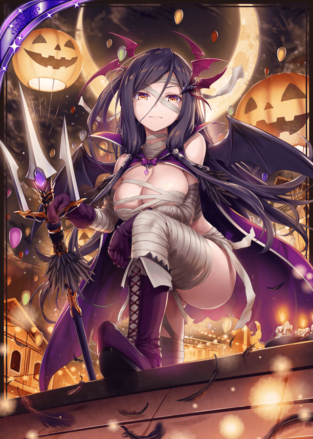 1girl akkijin ass_visible_through_thighs balloon bare_shoulders bat_wings black_feathers black_hair boots breasts candle candle_wax candlelight cape card_(medium) cleavage crescent_moon demon_girl demon_wings feathers gloves hair_ornament halloween halloween_costume holding holding_weapon large_breasts long_hair looking_at_viewer looking_down moon mummy mummy_costume night night_sky official_art orange_eyes polearm pumpkin purple_cape purple_footwear purple_ribbon red_gloves ribbon rooftop shinkai_no_valkyrie sky thigh-highs trident weapon wings