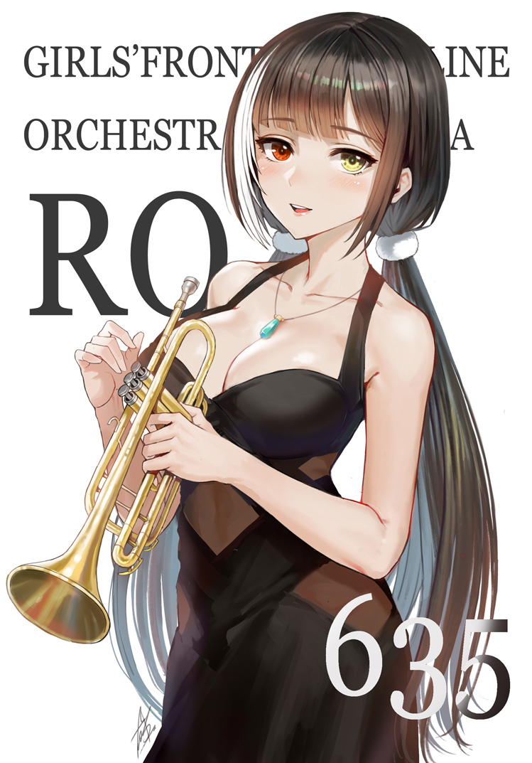 1girl alternate_costume amethyst bangs black_dress black_hair blush breasts character_name cleavage collarbone dress eyebrows_visible_through_hair girls_frontline heterochromia holding holding_instrument instrument jewelry long_hair looking_at_viewer low_twintails medium_breasts multicolored_hair necklace open_mouth red_eyes ro635_(girls_frontline) sidelocks signature simple_background smile solo streaked_hair taesi trumpet twintails white_background white_hair yellow_eyes