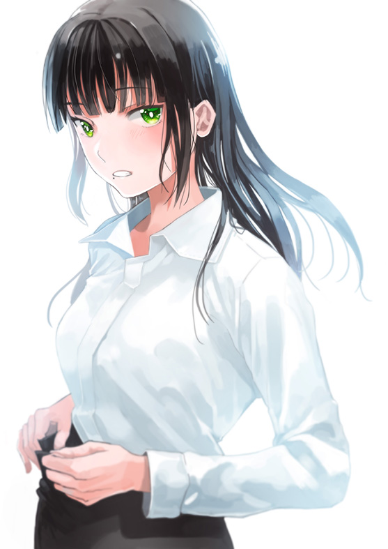 1girl black_hair black_skirt dress_shirt eyebrows_visible_through_hair floating_hair green_eyes idol kawaoka_(tsuchinokome) kurosawa_dia long_hair long_sleeves looking_at_viewer love_live! love_live!_sunshine!! mole mole_under_mouth shirt simple_background skirt solo standing upper_body white_background white_shirt