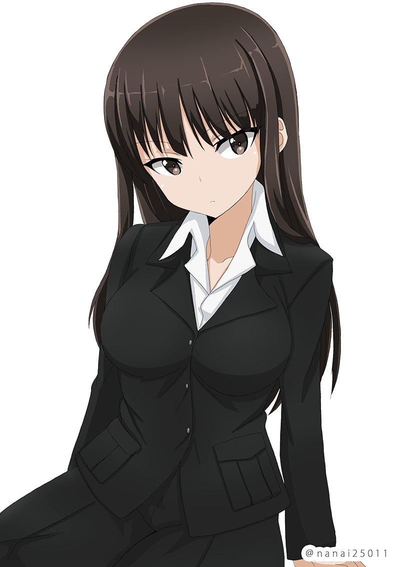 1girl arm_support bangs black_jacket black_pants blunt_bangs closed_mouth collared_shirt commentary_request eyebrows_visible_through_hair formal girls_und_panzer jacket leaning_to_the_side light_frown long_hair long_sleeves looking_at_viewer mature nishizumi_shiho pant_suit pants shibagami shirt simple_background sitting solo straight_hair suit twitter_username white_background white_shirt