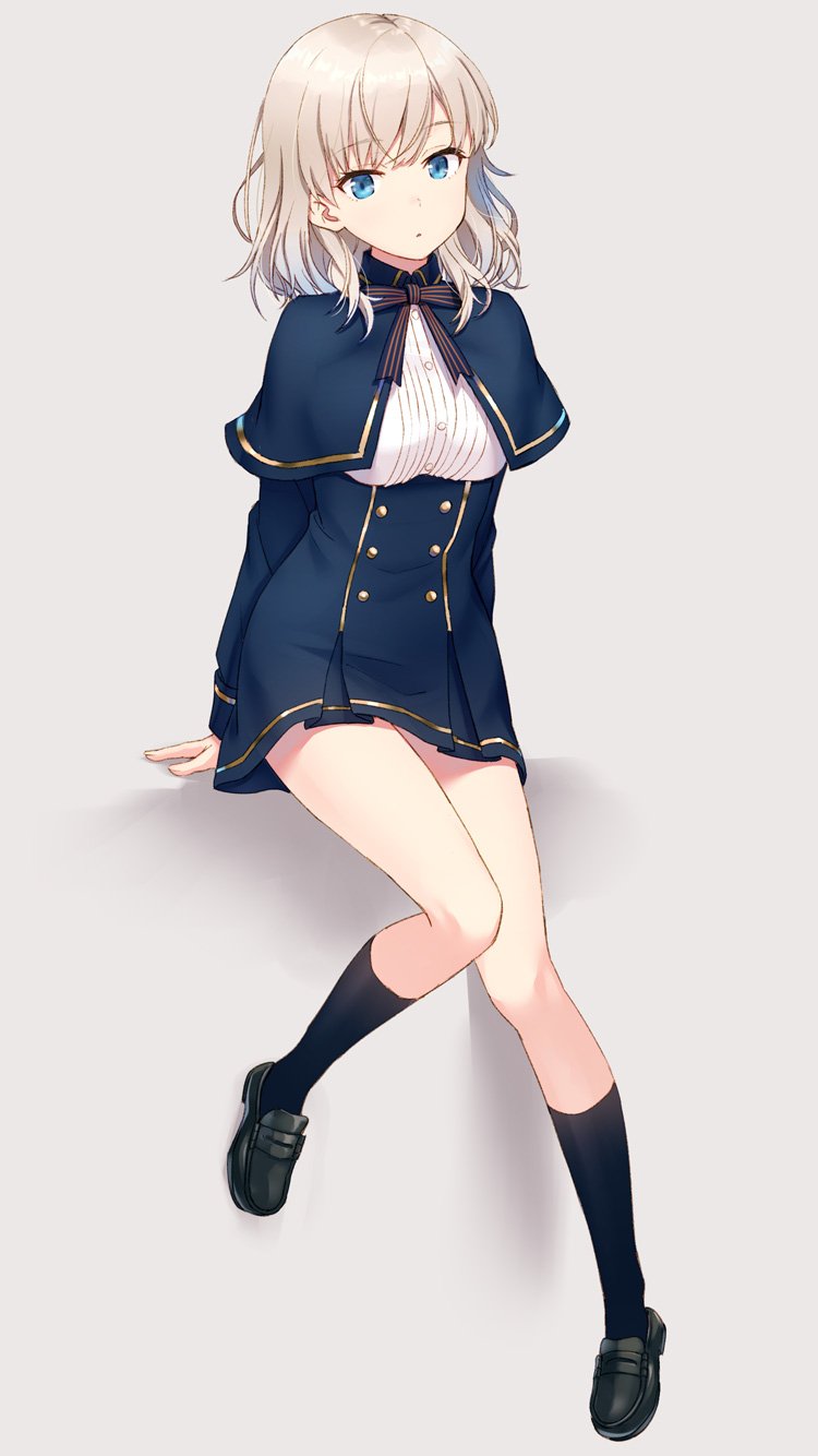 1girl arms_behind_back black_footwear black_legwear blue_eyes bow breasts brown_hair closed_mouth expressionless eyebrows_visible_through_hair full_body highres hyuuga_azuri kneehighs large_breasts loafers looking_at_viewer original shoes short_hair sitting solo