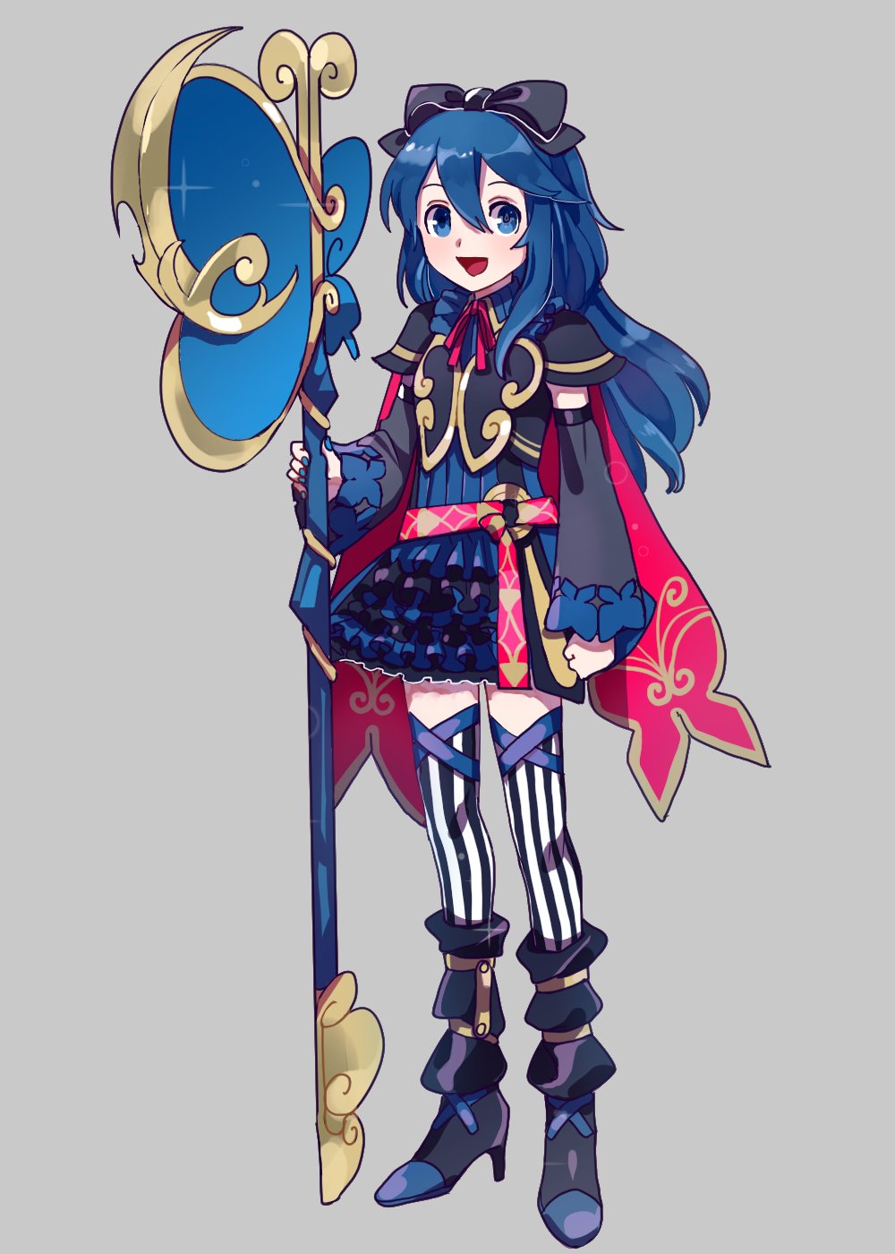 1girl ararecoa blue_eyes blue_hair cape dress fingerless_gloves fire_emblem fire_emblem:_kakusei gloves highres long_hair looking_at_viewer lucina nintendo open_mouth simple_background smile solo staff tiara weapon younger