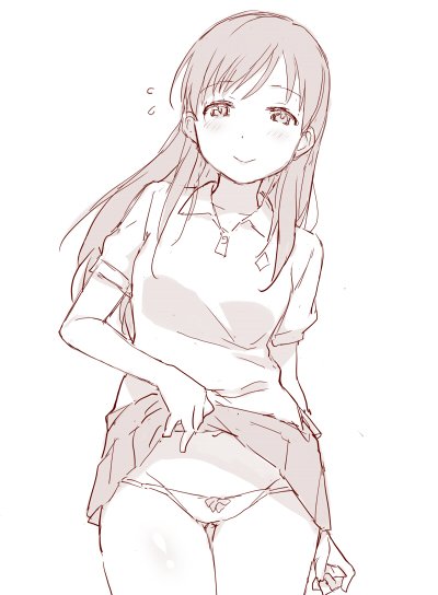 1girl ass_visible_through_thighs bangs blush collared_shirt cowboy_shot deyuuku eyebrows_visible_through_hair flying_sweatdrops greyscale groin idolmaster idolmaster_cinderella_girls lifted_by_self long_hair looking_at_viewer monochrome nitta_minami panties shirt short_sleeves skirt skirt_lift smile solo thigh_gap underwear