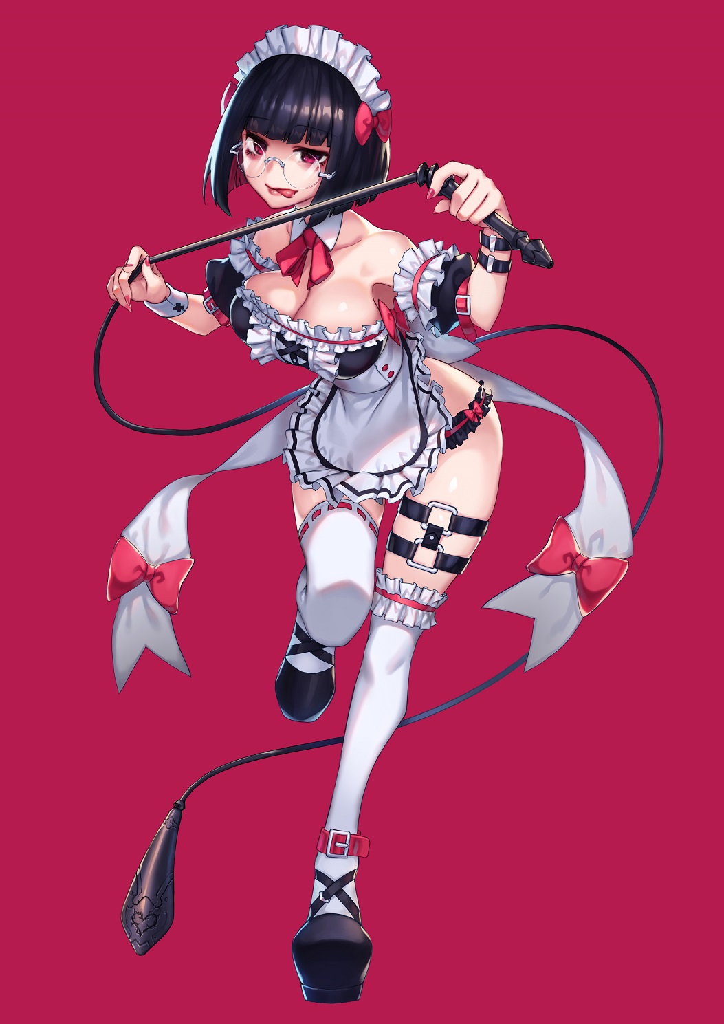 1girl apron bare_shoulders black_hair bow breasts buckle cleavage doku-chan_(dokkudokudoku) frilled_apron frilled_legwear frills full_body glasses high_heels highres large_breasts maid original red_eyes short_hair solo standing thigh-highs tongue tongue_out whip