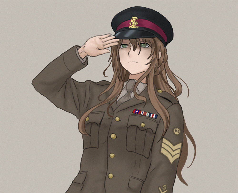 1girl braid brown_background brown_hair french_braid from_below girls_frontline green_eyes gun hair_between_eyes hat lee-enfield lee-enfield_(girls_frontline) military military_uniform necktie rifle salute solo specterz uniform weapon