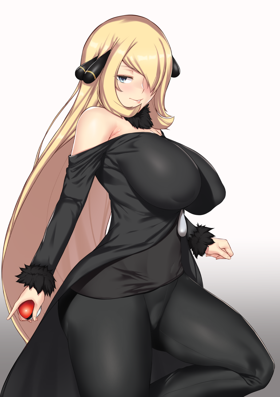 1girl aster_crowley bare_shoulders blonde_hair blue_eyes breasts creatures_(company) curvy game_freak hair_ornament hair_over_one_eye highres hips huge_breasts leg_lift long_hair looking_at_viewer nintendo pokemon pokemon_(game) pokemon_dppt shirona_(pokemon) simple_background solo thick_thighs thighs very_long_hair white_background