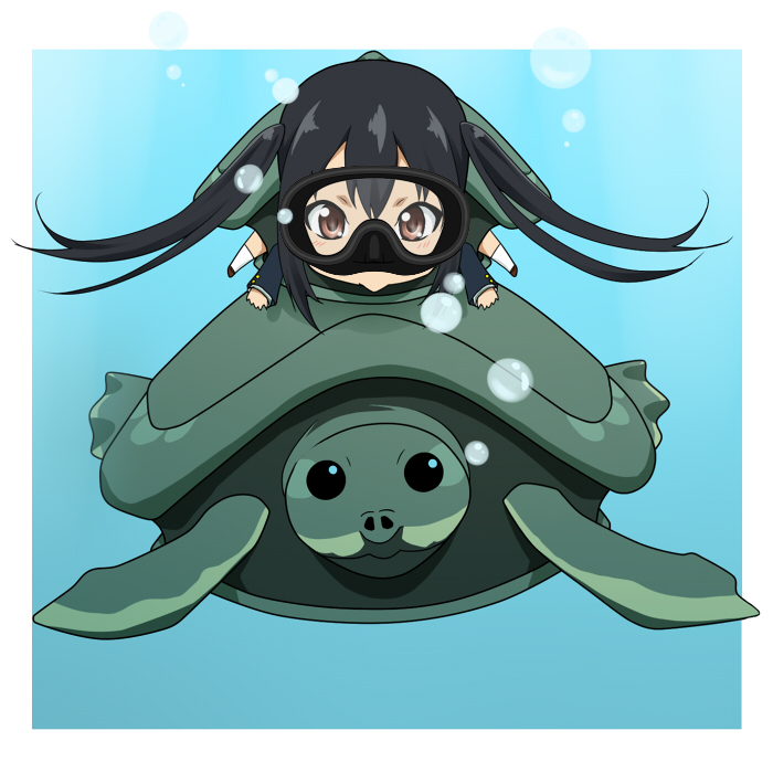 :&gt; air_bubble black_hair blush brown_eyes bubble chibi diving_mask diving_mask_on_eyes k-on! nakano_azusa school_uniform shell swimming ton-chan turtle twintails underwater