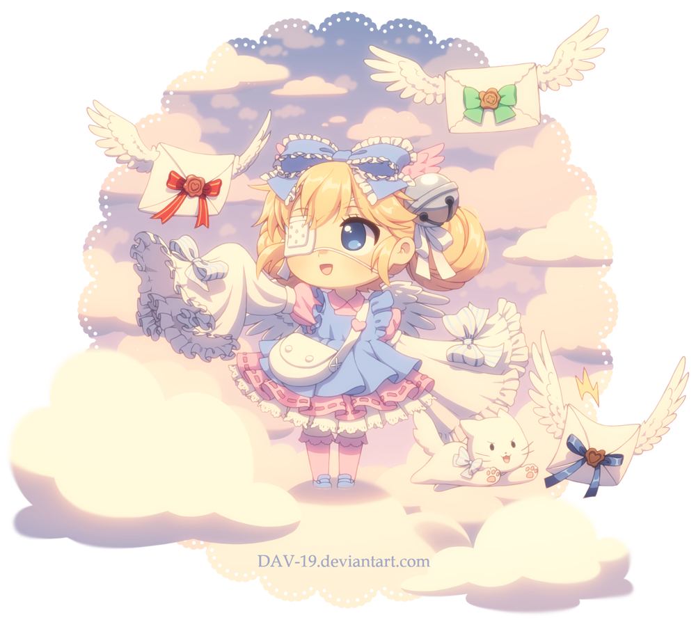 /\/\/\ 1girl :d animal artist_name bag bell bird_wings blonde_hair blue_bow blue_eyes blue_footwear borrowed_character bow cat chibi clouds commission cutesu_(cutesuu) dav-19 double_bun dress envelope eyepatch frilled_bow frilled_dress frilled_sleeves frills full_body hair_bow heart jingle_bell kneehighs layered_dress letter lolita_fashion long_sleeves looking_away medical_eyepatch open_mouth original pink_legwear sky sleeves_past_wrists smile solo standing striped striped_bow transparent_background watermark web_address white_cat white_wings wide_sleeves wings