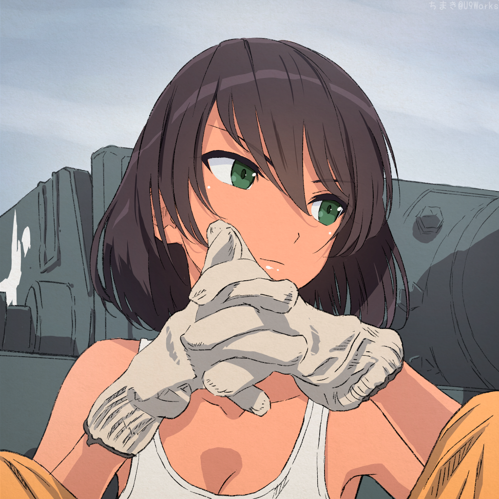 1girl akagi_(fmttps) artist_name bangs breasts brown_hair cleavage closed_mouth commentary dark_skin day emblem eyebrows_visible_through_hair girls_und_panzer gloves green_eyes ground_vehicle hands_together hoshino_(girls_und_panzer) interlocked_fingers jumpsuit light_smile lips looking_to_the_side mechanic medium_dress military military_vehicle motor_vehicle orange_jumpsuit outdoors shirt short_hair sitting solo swept_bangs tank tank_top tiger_(p) twitter_username uniform white_gloves white_shirt