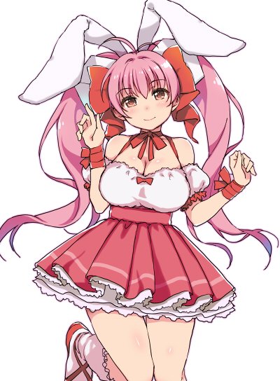 1girl animal_ears antenna_hair bangs blush breasts brown_eyes cleavage clenched_hand detached_sleeves deyuuku di_gi_charat dice_hair_ornament eyebrows_visible_through_hair hair_ornament hair_ribbon halterneck hands_up high-waist_skirt kneehighs large_breasts leg_lift long_hair looking_at_viewer neck_ribbon pink_hair pink_skirt rabbit_ears red_footwear red_neckwear red_ribbon ribbon shirt short_sleeves simple_background skirt smile solo twintails usada_hikaru white_background white_legwear white_shirt wrist_ribbon