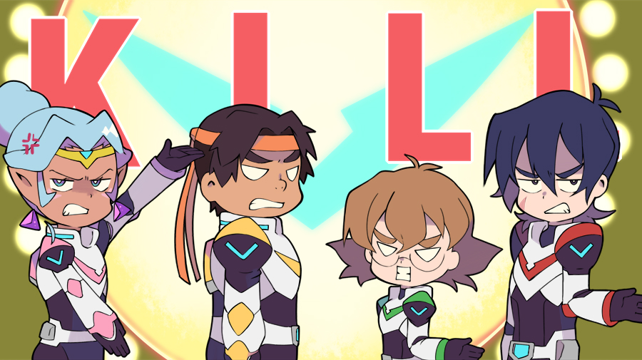 2boys 2girls anger_vein bandanna black_hair blue_eyes bodysuit brown_hair clenched_teeth dark_skin dark_skinned_male earrings english facial_mark glasses grey_eyes hair_bun hunk_(voltron) jewelry keith_(voltron) miyata_(lhr) multiple_boys multiple_girls pidge_gunderson pointy_ears princess_allura teeth voltron:_legendary_defender white_hair