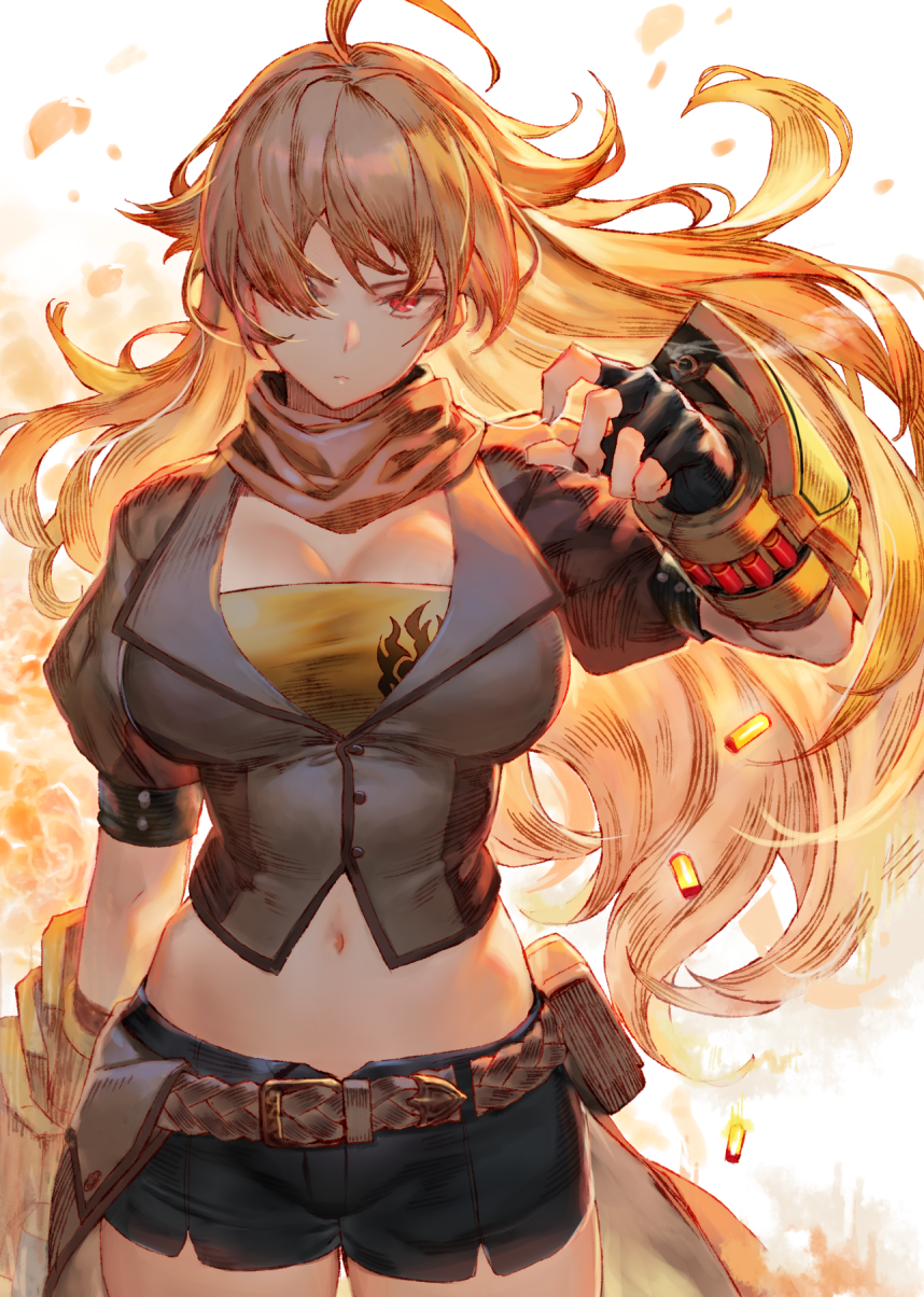 1girl ahoge belt black_shorts blazer breasts brown_belt buckle cleavage commentary cowboy_shot facing_viewer fingerless_gloves gloves hair_over_eyes hair_over_one_eye hand_up highres izumi_sai jacket large_breasts long_hair midriff navel puffy_short_sleeves puffy_sleeves red_eyes rwby scarf shell_casing short_shorts short_sleeves shorts smoke smoke_trail thighs vambraces waist_cape wavy_hair yang_xiao_long