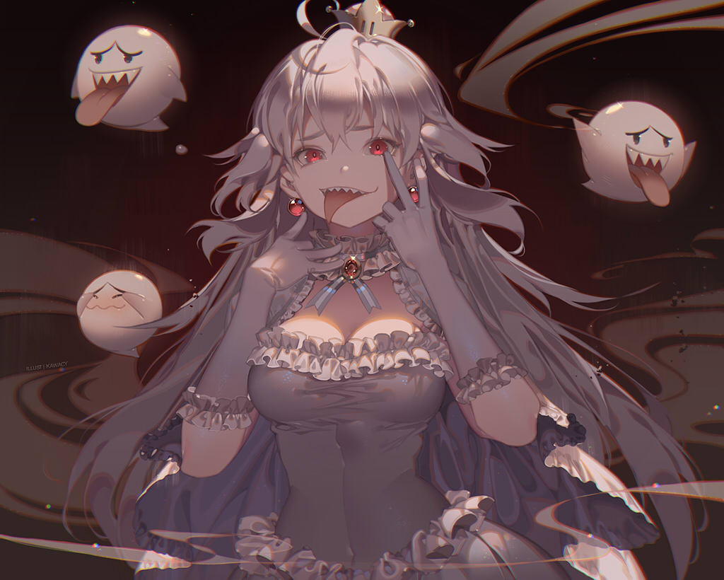 1girl ahoge artist_name boo choker commentary_request dress earrings gloves jewelry kawacy luigi's_mansion super_mario_bros. new_super_mario_bros._u_deluxe nintendo princess_king_boo red_eyes sharp_teeth super_crown teeth tongue tongue_out upper_body visible_air white_hair