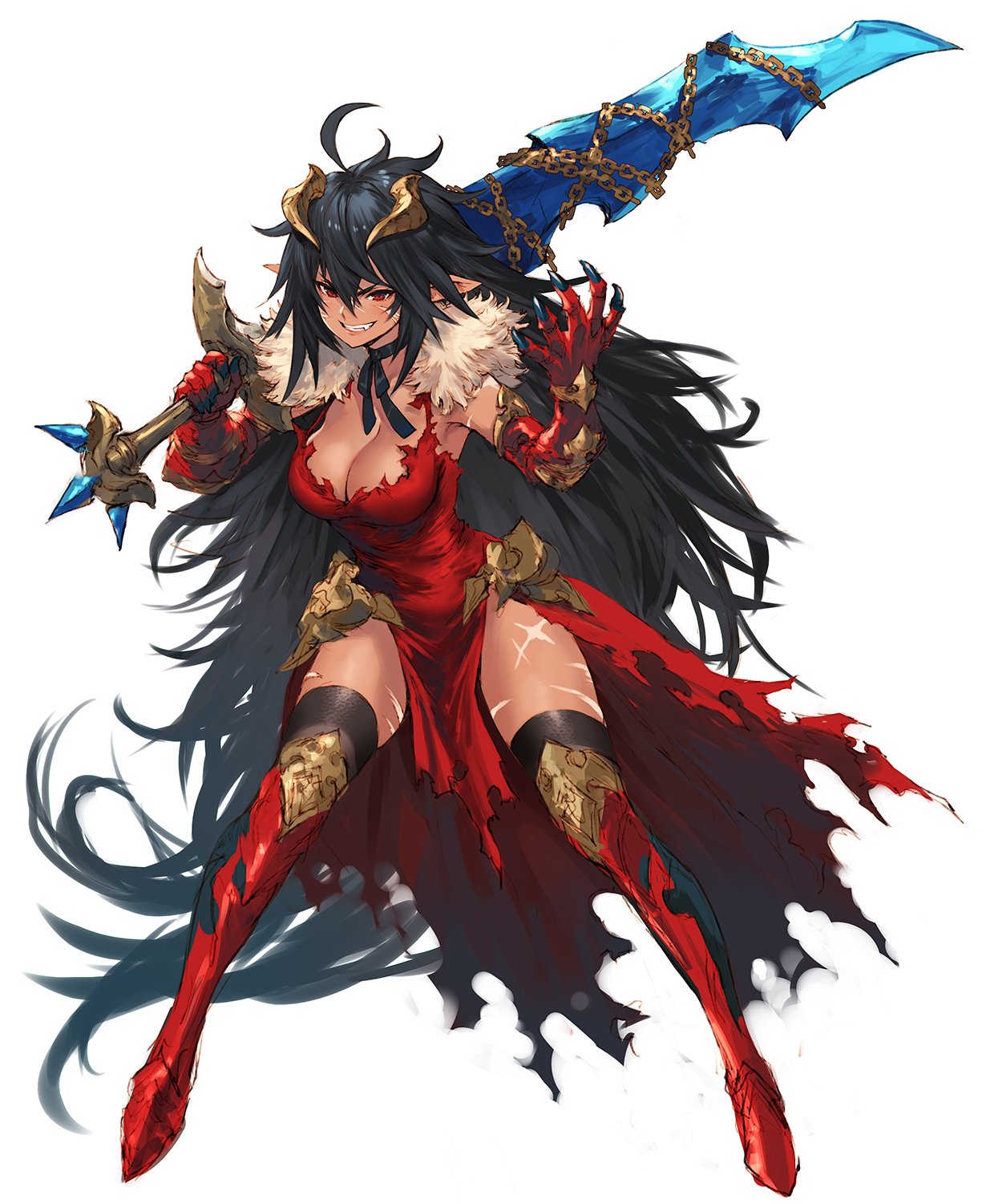 1girl absurdly_long_hair black_hair black_legwear bow bowtie breasts chains claws cleavage commentary_request dark_skin dress elbow_gloves facial_scar fang full_body fur_trim gloves highres holding holding_sword holding_weapon horns large_breasts lips long_hair makimura_shunsuke original over_shoulder parted_lips pelvic_curtain pointy_ears red_dress red_eyes red_gloves scar scar_on_cheek sidelocks simple_background sleeveless smile solo sword thigh-highs very_long_hair weapon weapon_over_shoulder white_background